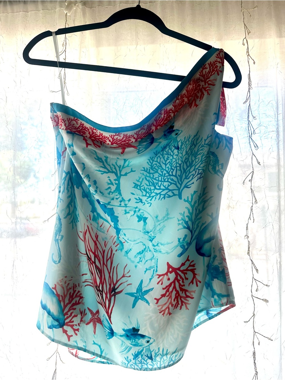 WHBM Ocean Print One Shoulder Top Large Vacation Cruise Resort Wear Aqua Coral - Picture 2 of 3